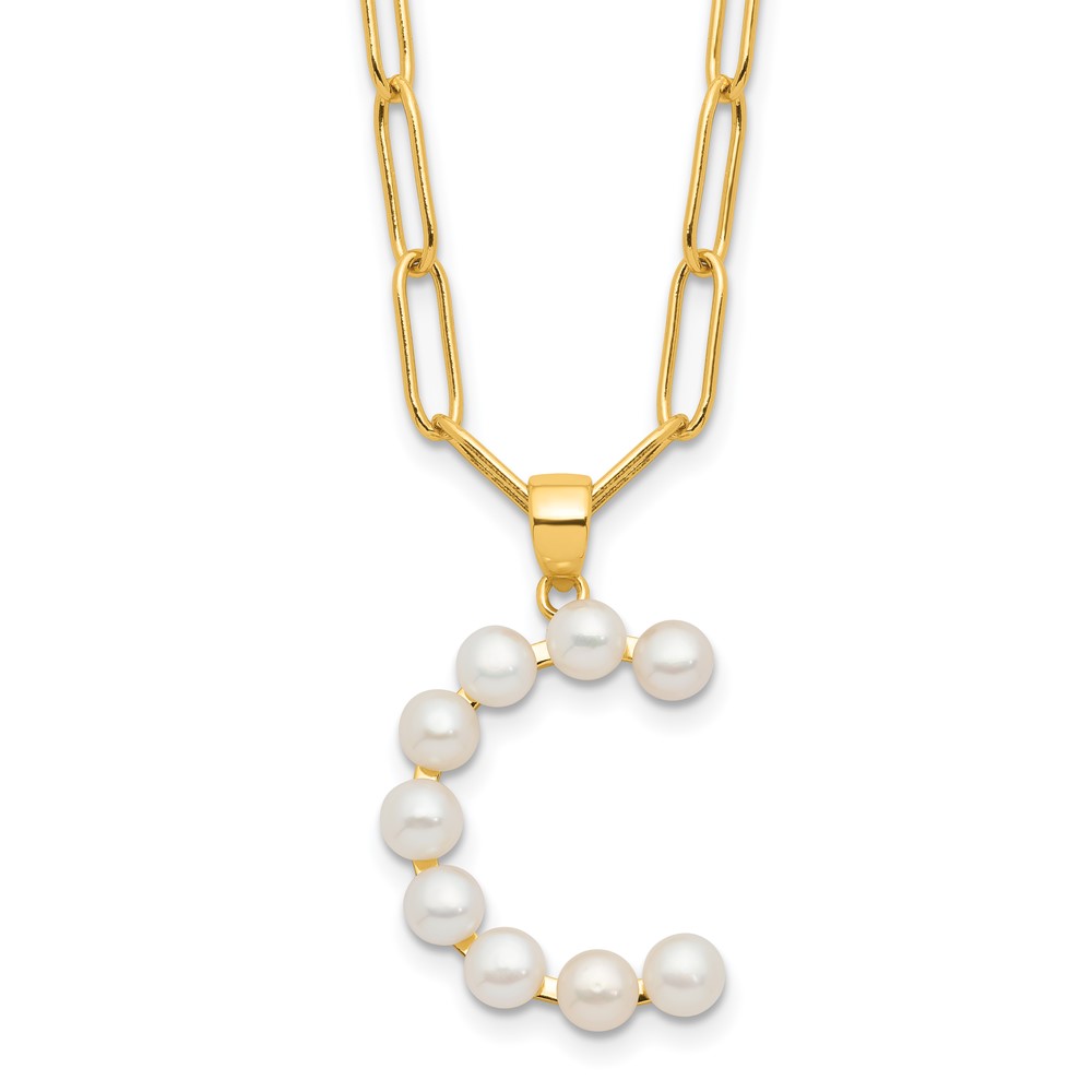 Sterling Silver Gold-plated 3-5.5mm White Button Freshwater Cultured Pearl LETTER C 18 inch Necklace (QH5808GPC-18)