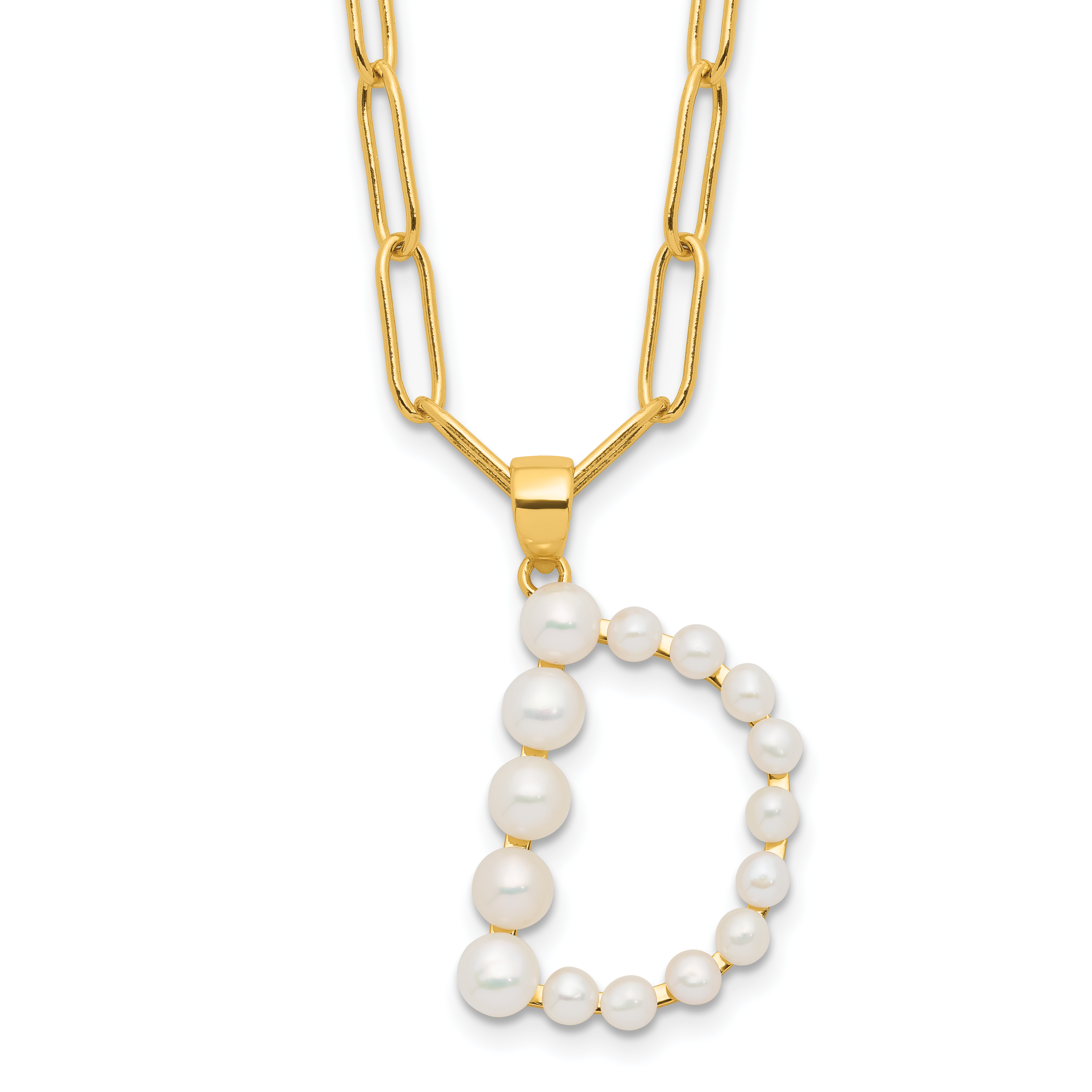 Sterling Silver Gold-plated 3-5.5mm White Button Freshwater Cultured Pearl LETTER D 18 inch Necklace (QH5808GPD-18)