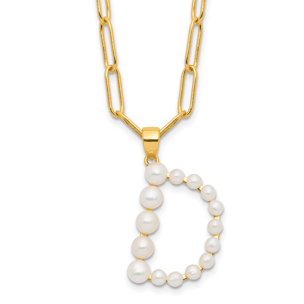 Sterling Silver Gold-plated 3-5.5mm White Button Freshwater Cultured Pearl LETTER D 18 inch Necklace (QH5808GPD-18)