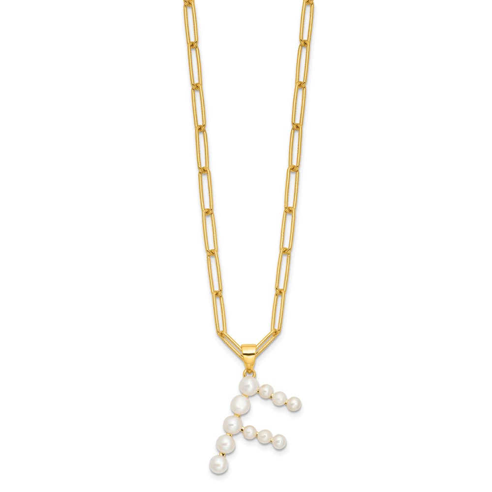 Sterling Silver Gold-plated 3-5.5mm White Button Freshwater Cultured Pearl LETTER F 18 inch Necklace (QH5808GPF-18)