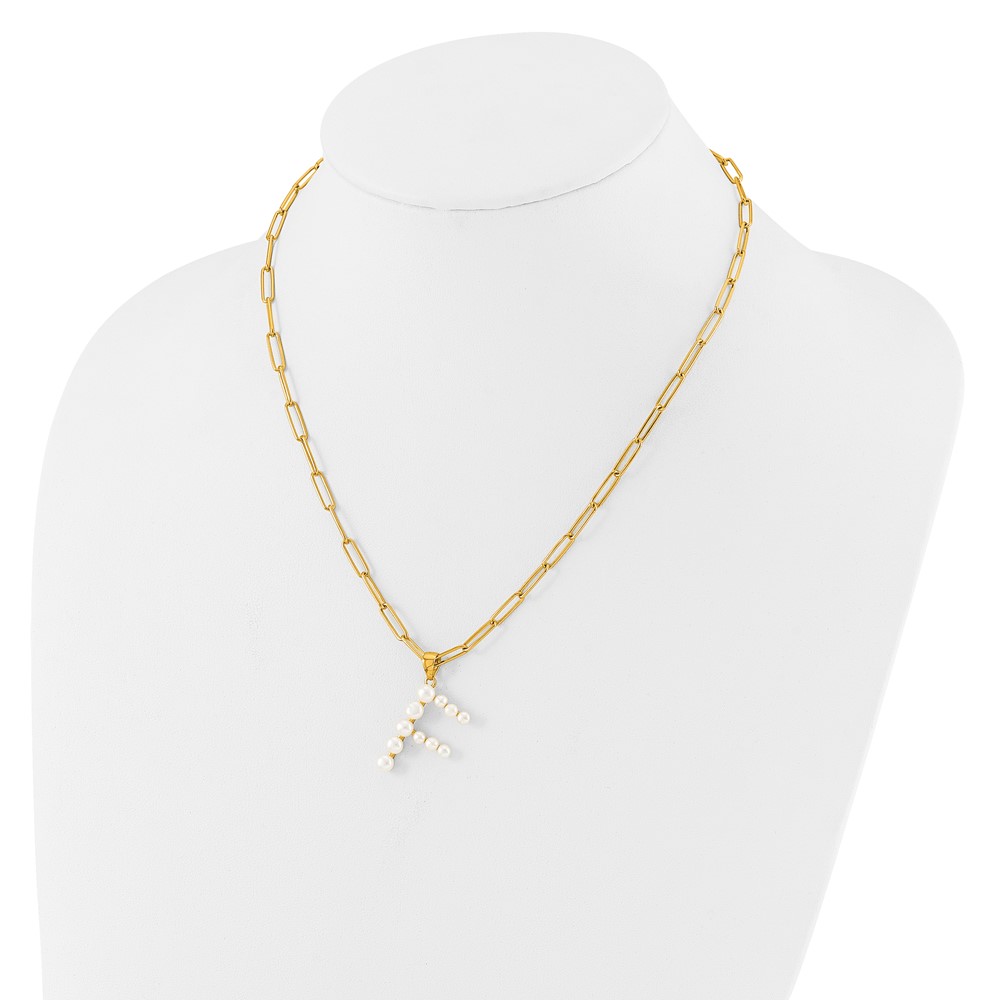 Sterling Silver Gold-plated 3-5.5mm White Button Freshwater Cultured Pearl LETTER F 18 inch Necklace (QH5808GPF-18)