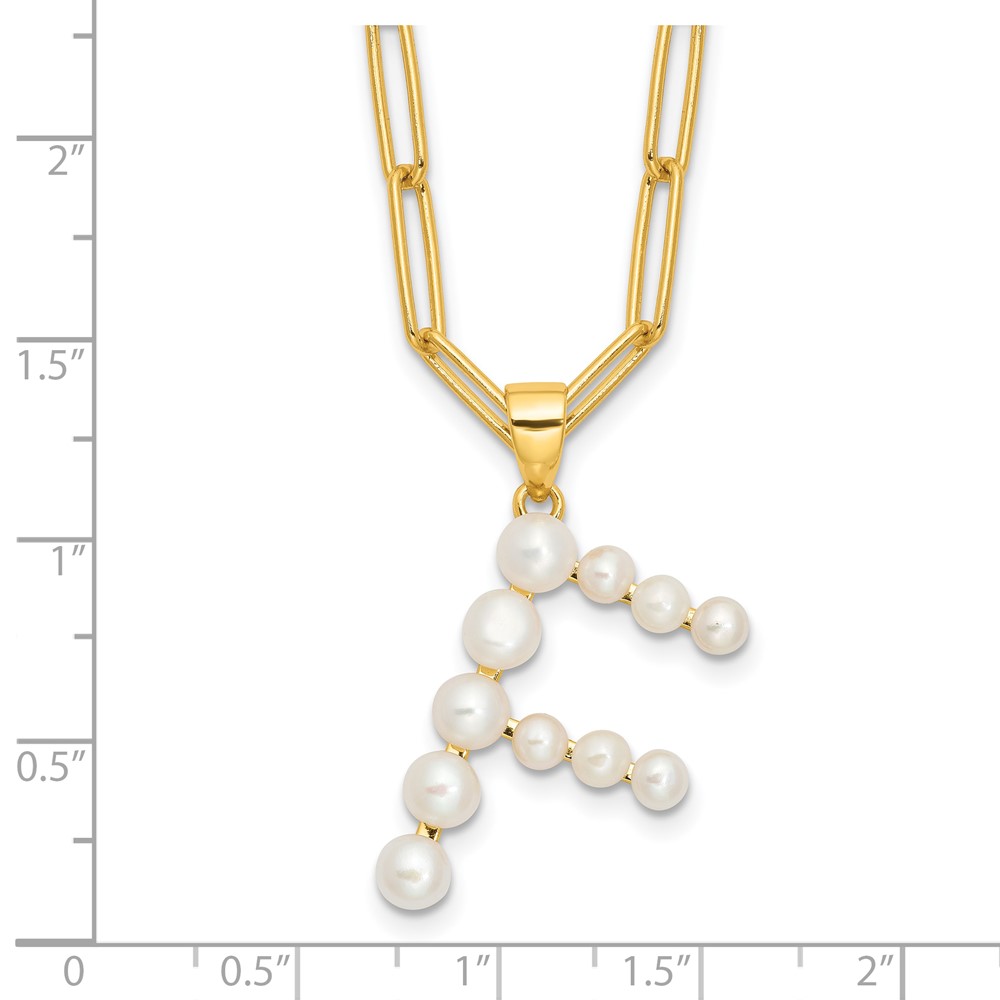 Sterling Silver Gold-plated 3-5.5mm White Button Freshwater Cultured Pearl LETTER F 18 inch Necklace (QH5808GPF-18)