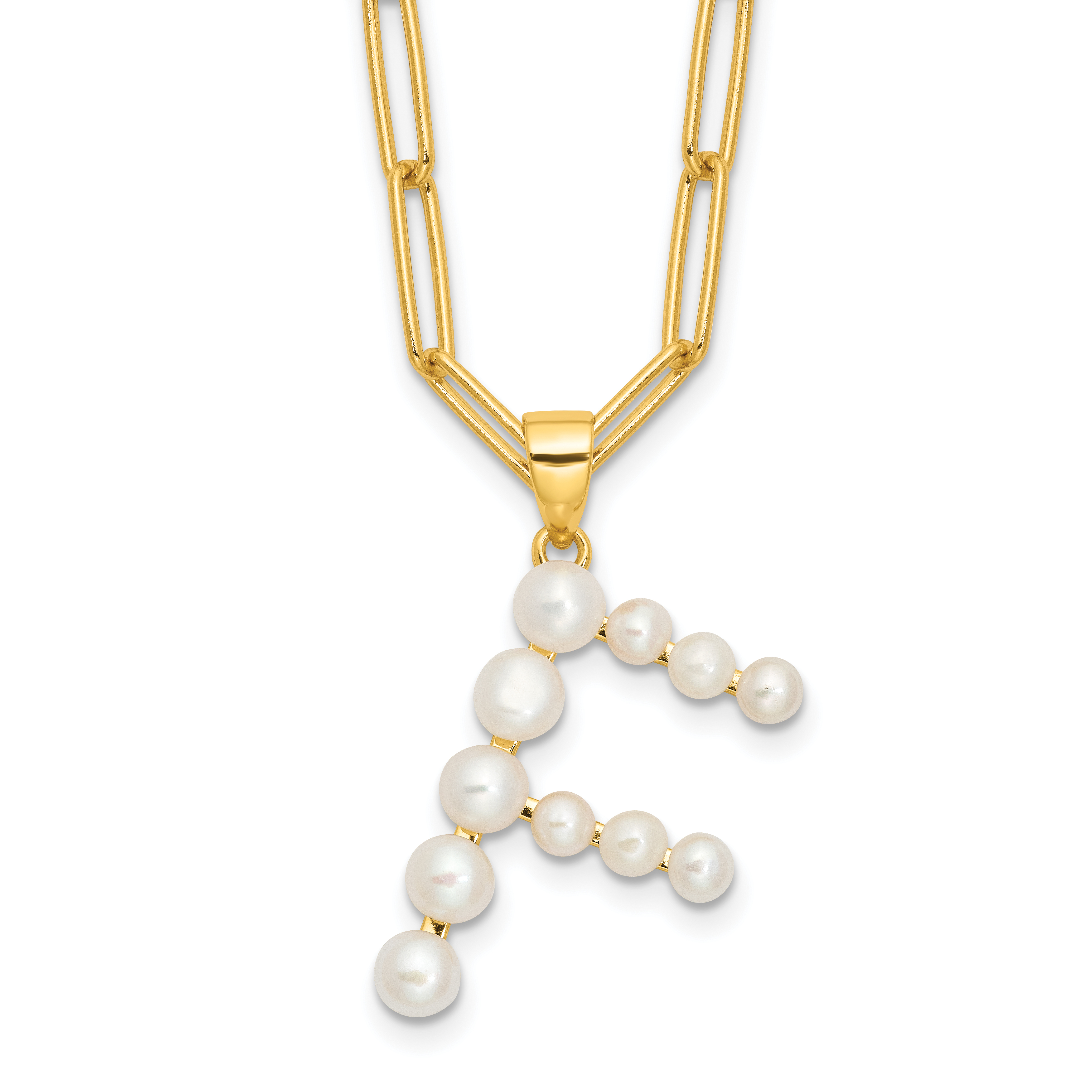 Sterling Silver Gold-plated 3-5.5mm White Button Freshwater Cultured Pearl LETTER F 18 inch Necklace (QH5808GPF-18)