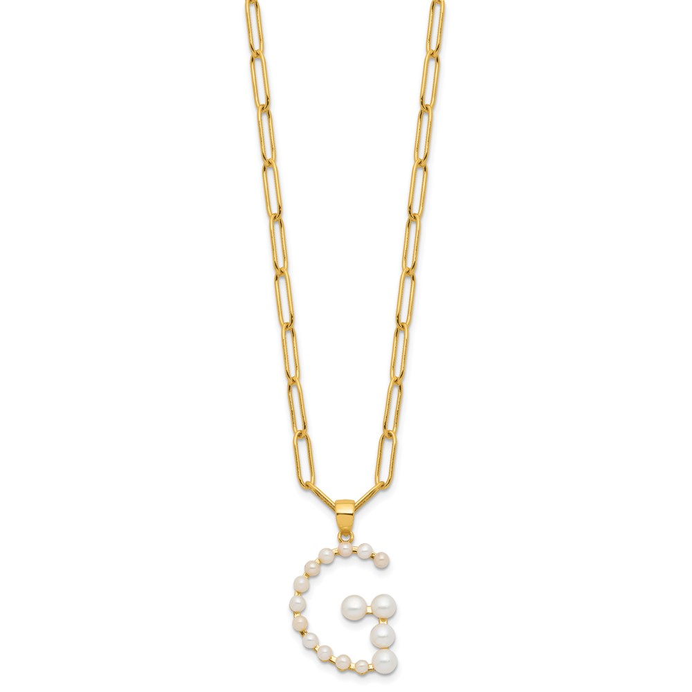 Sterling Silver Gold-plated 3-5.5mm White Button Freshwater Cultured Pearl LETTER G 18 inch Necklace (QH5808GPG-18)