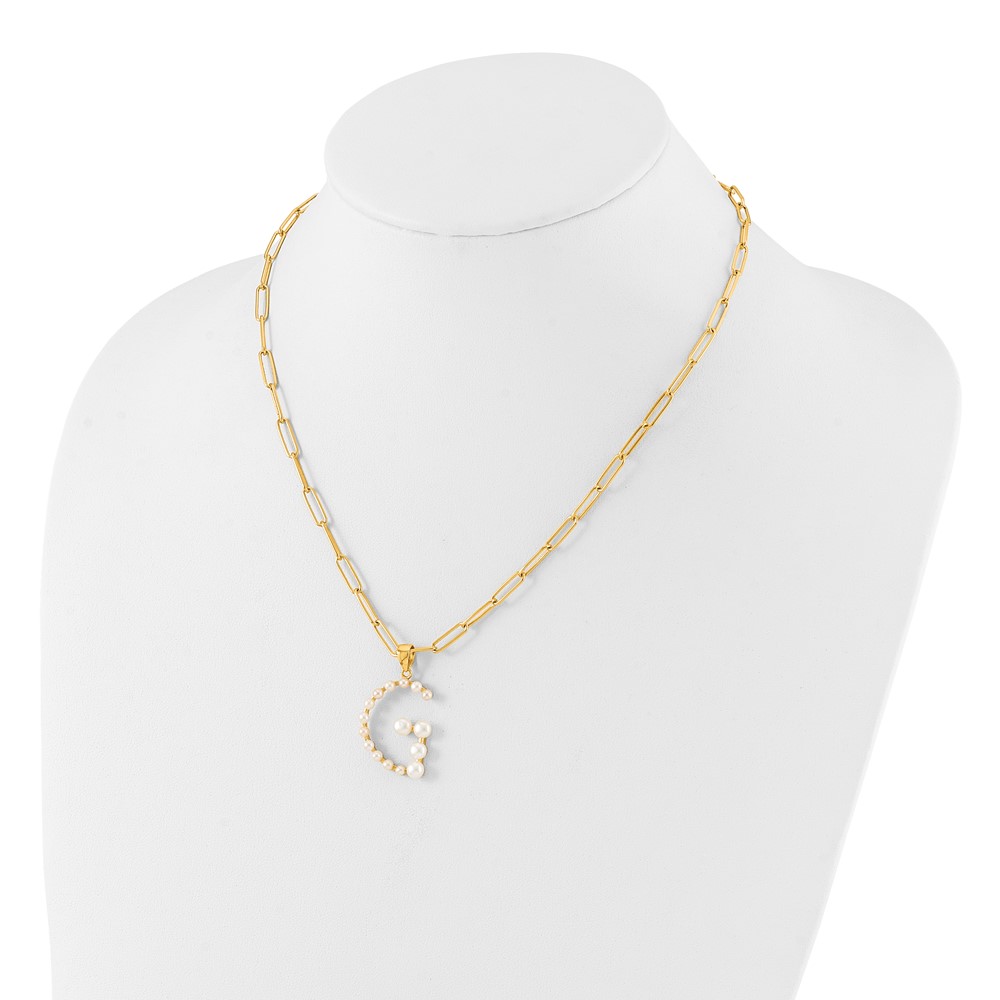 Sterling Silver Gold-plated 3-5.5mm White Button Freshwater Cultured Pearl LETTER G 18 inch Necklace (QH5808GPG-18)