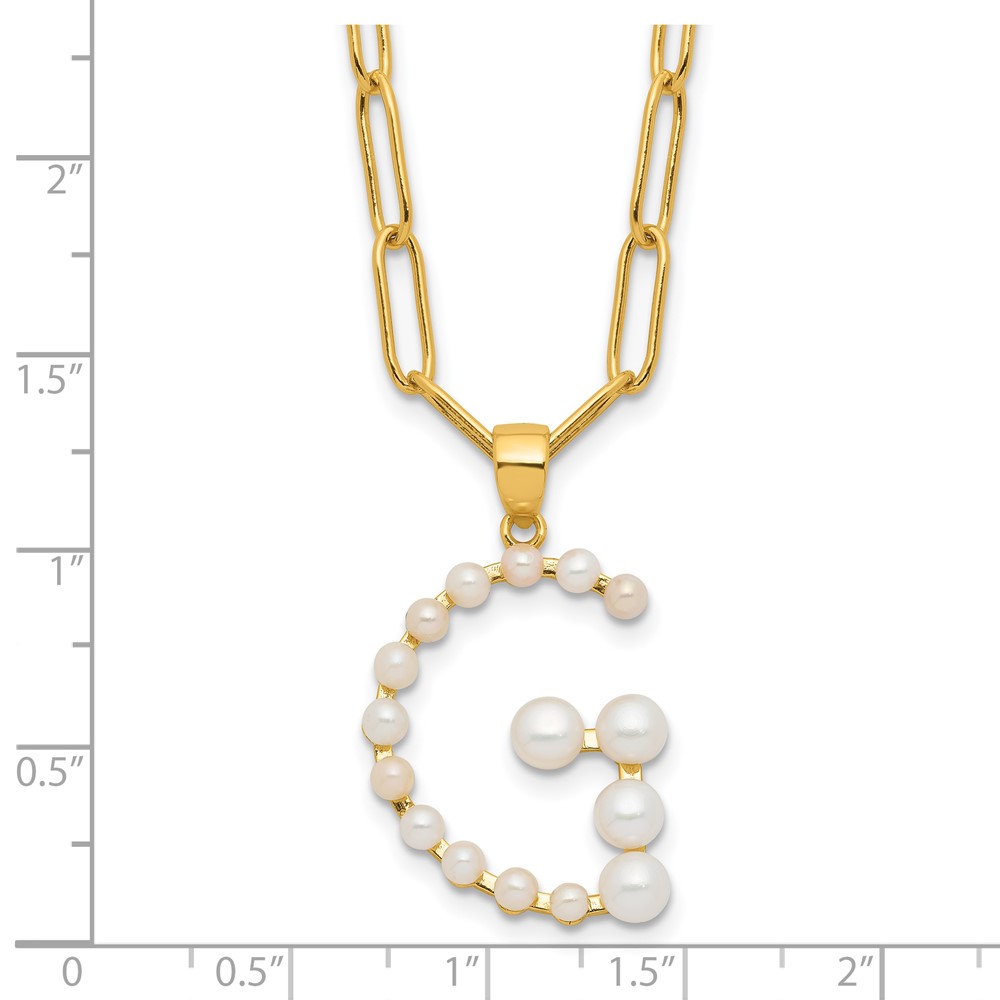 Sterling Silver Gold-plated 3-5.5mm White Button Freshwater Cultured Pearl LETTER G 18 inch Necklace (QH5808GPG-18)