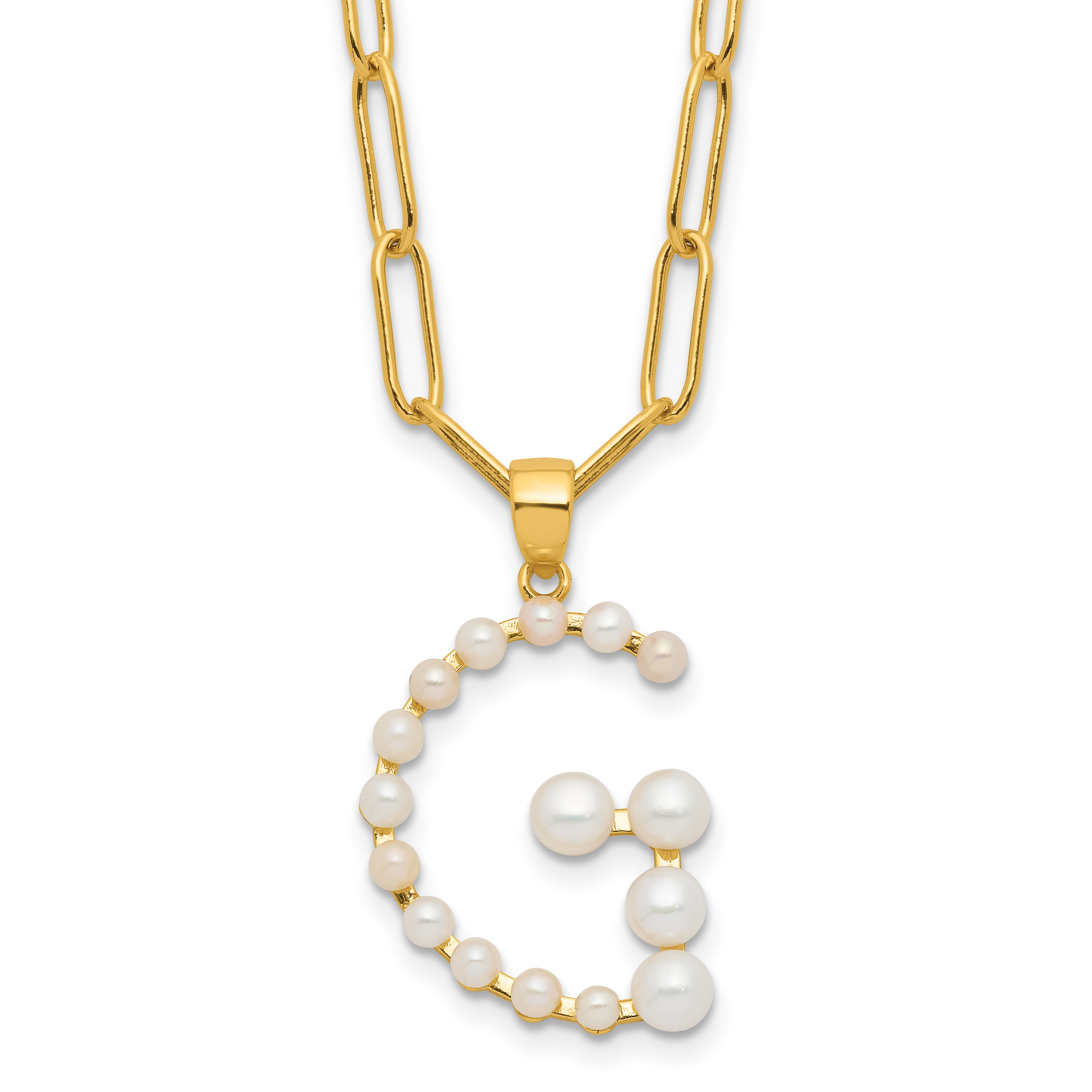 Sterling Silver Gold-plated 3-5.5mm White Button Freshwater Cultured Pearl LETTER G 18 inch Necklace (QH5808GPG-18)