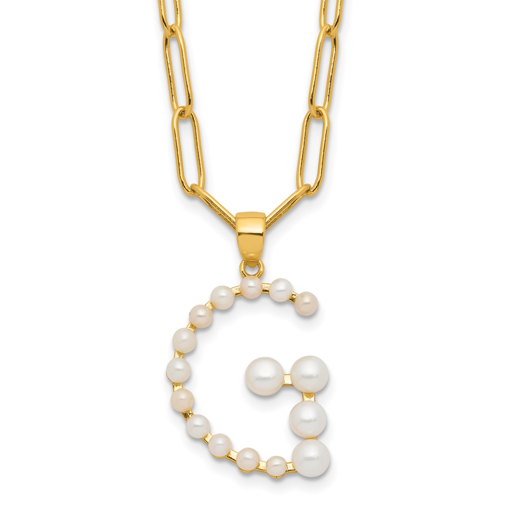 Sterling Silver Gold-plated 3-5.5mm White Button Freshwater Cultured Pearl LETTER G 18 inch Necklace (QH5808GPG-18)