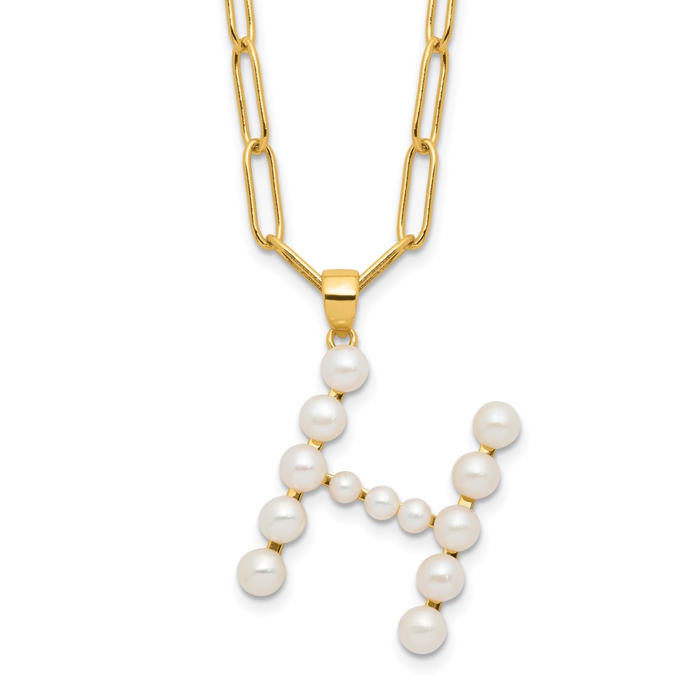 Sterling Silver Gold-plated 3-5.5mm White Button Freshwater Cultured Pearl LETTER H 18 inch Necklace (QH5808GPH-18)