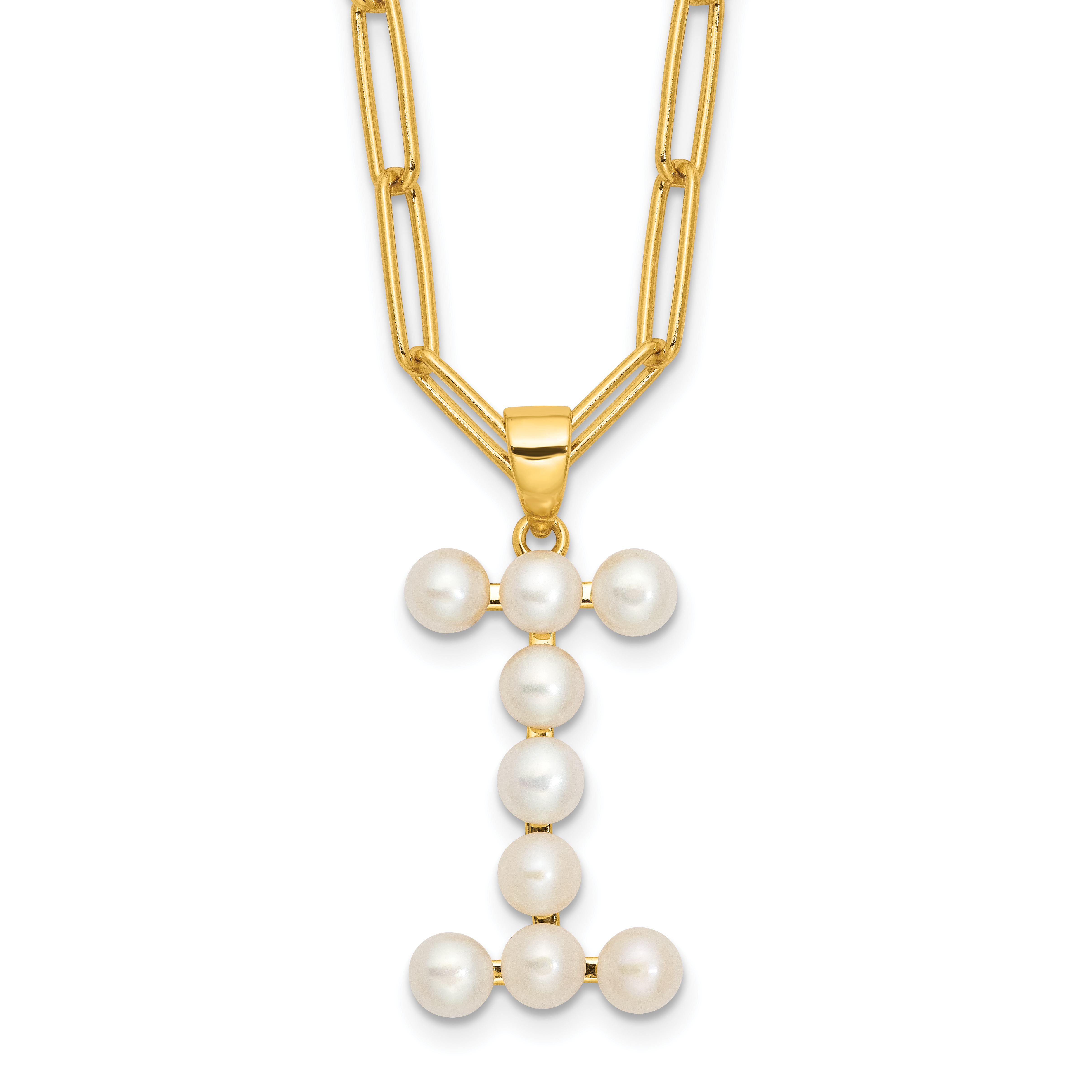 Sterling Silver Gold-plated 3-5.5mm White Button Freshwater Cultured Pearl LETTER I 18 inch Necklace (QH5808GPI-18)