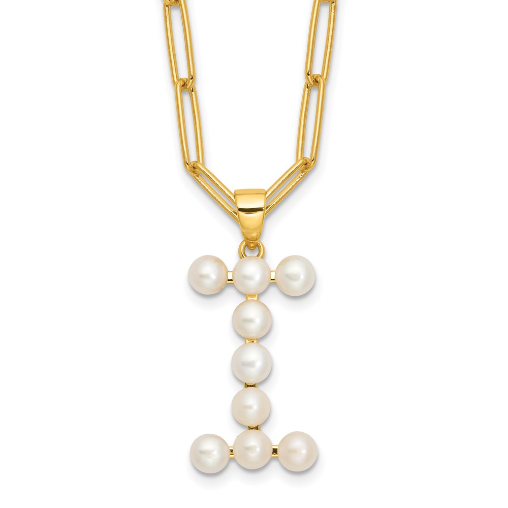 Sterling Silver Gold-plated 3-5.5mm White Button Freshwater Cultured Pearl LETTER I 18 inch Necklace (QH5808GPI-18)