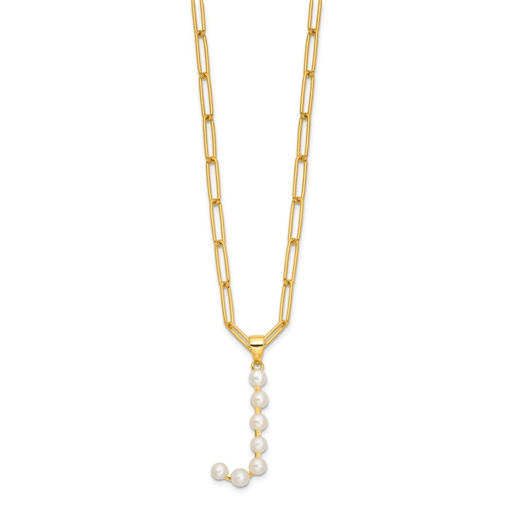 Sterling Silver Gold-plated 3-5.5mm White Button Freshwater Cultured Pearl LETTER J 18 inch Necklace (QH5808GPJ-18)