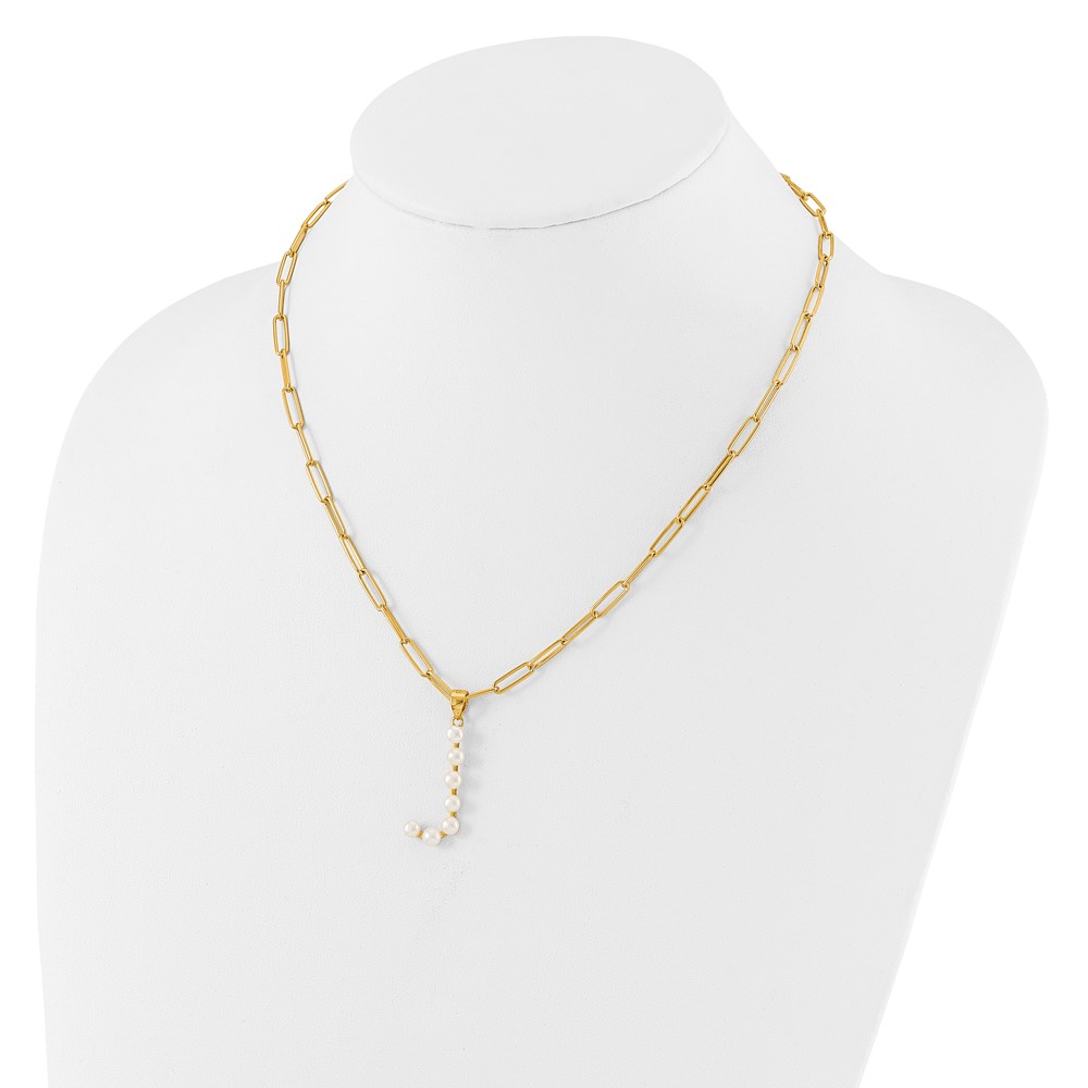 Sterling Silver Gold-plated 3-5.5mm White Button Freshwater Cultured Pearl LETTER J 18 inch Necklace (QH5808GPJ-18)