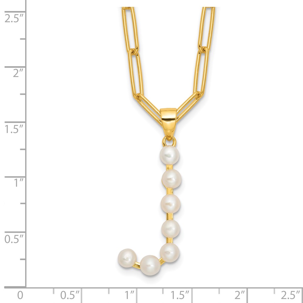 Sterling Silver Gold-plated 3-5.5mm White Button Freshwater Cultured Pearl LETTER J 18 inch Necklace (QH5808GPJ-18)