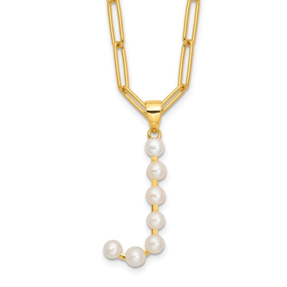 Sterling Silver Gold-plated 3-5.5mm White Button Freshwater Cultured Pearl LETTER J 18 inch Necklace (QH5808GPJ-18)
