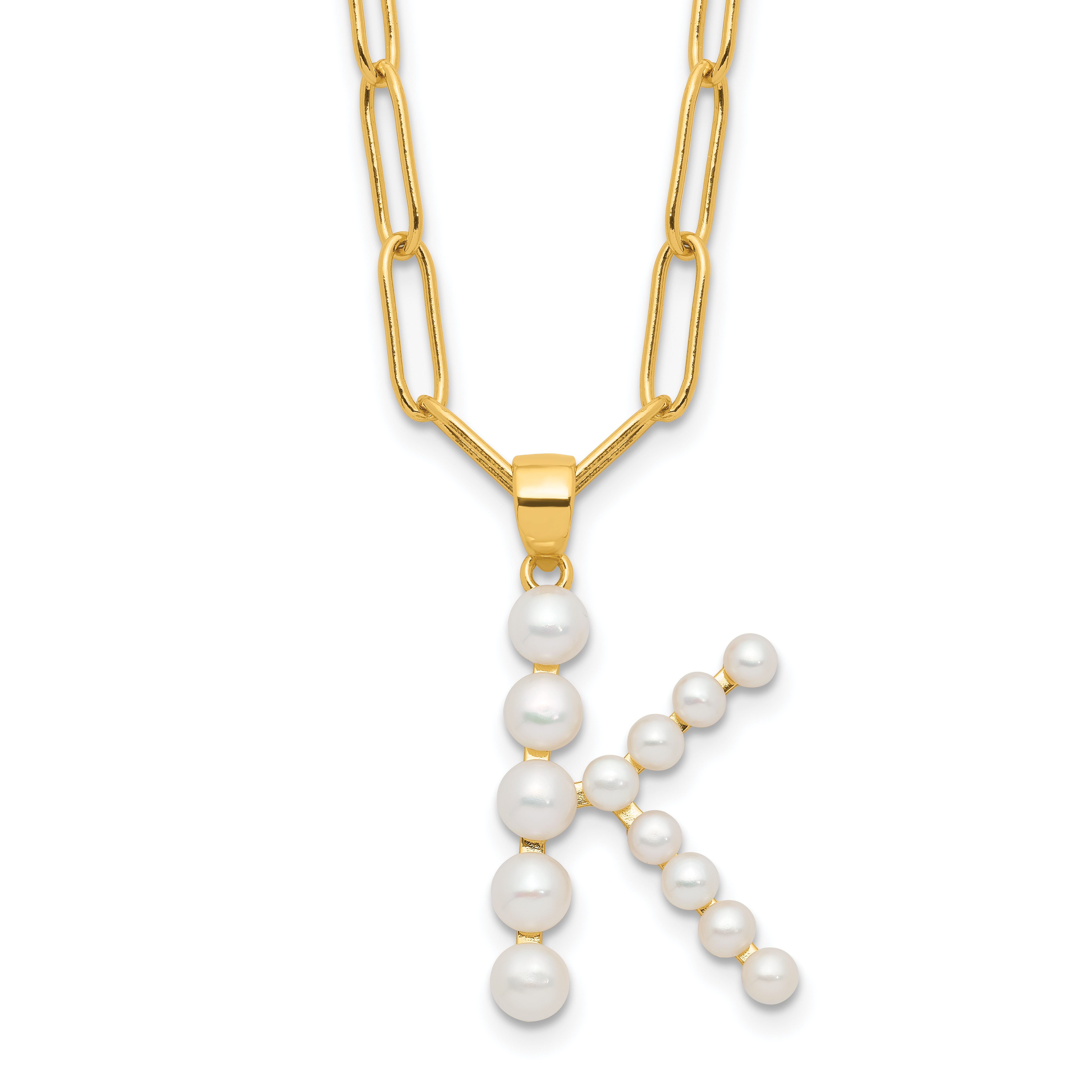Sterling Silver Gold-plated 3-5.5mm White Button Freshwater Cultured Pearl LETTER K 18 inch Necklace (QH5808GPK-18)