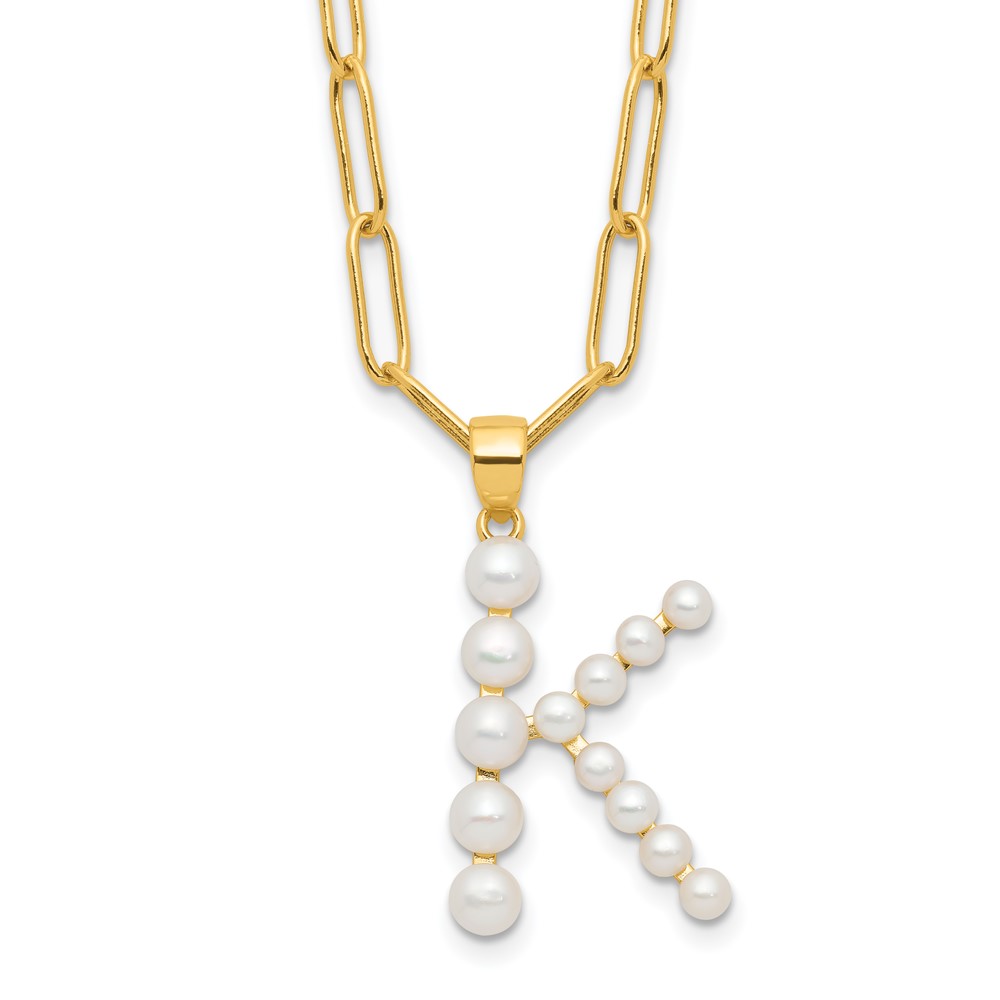 Sterling Silver Gold-plated 3-5.5mm White Button Freshwater Cultured Pearl LETTER K 18 inch Necklace (QH5808GPK-18)