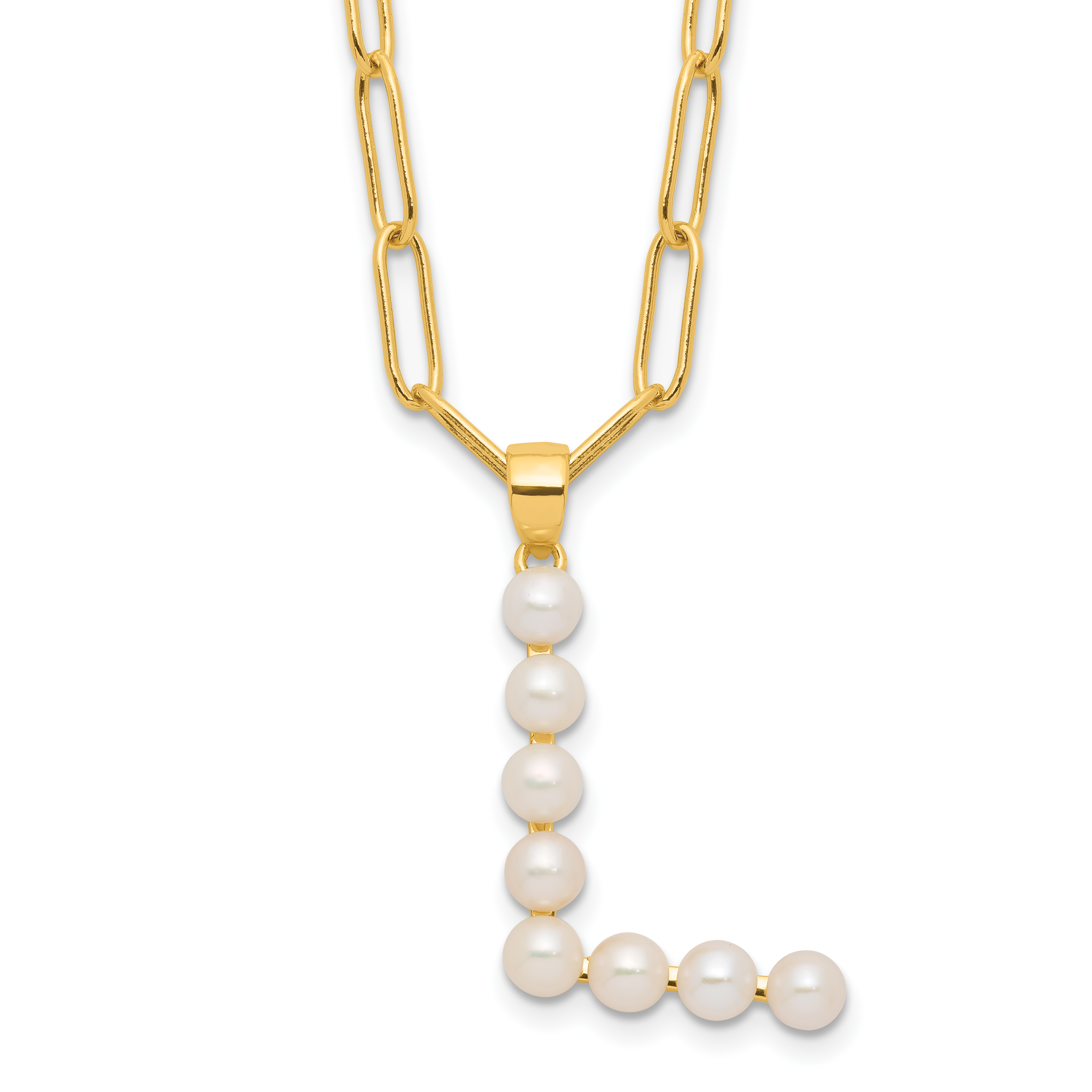 Sterling Silver Gold-plated 3-5.5mm White Button Freshwater Cultured Pearl LETTER L 18 inch Necklace (QH5808GPL-18)