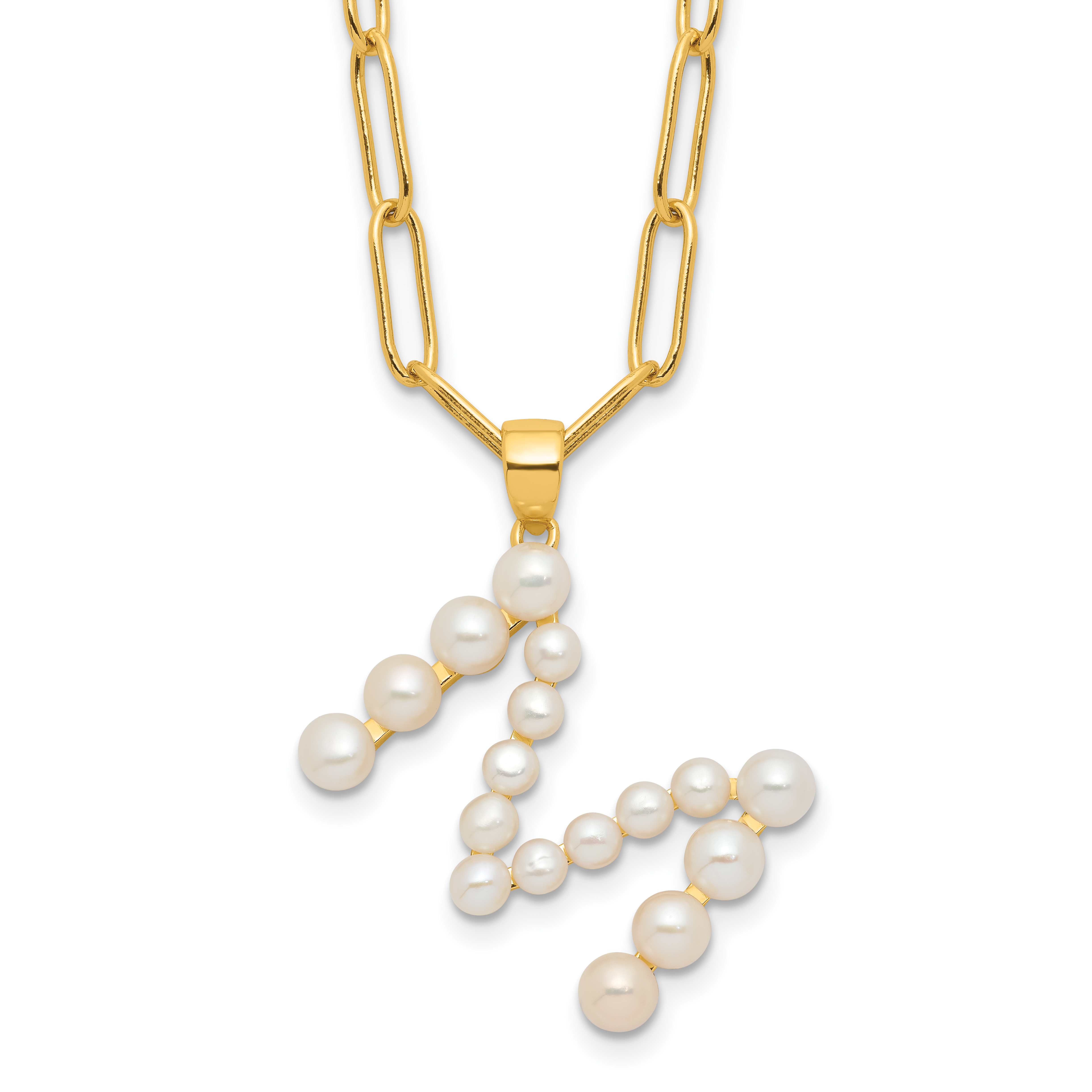 Sterling Silver Gold-plated 3-5.5mm White Button Freshwater Cultured Pearl LETTER M 18 inch Necklace (QH5808GPM-18)