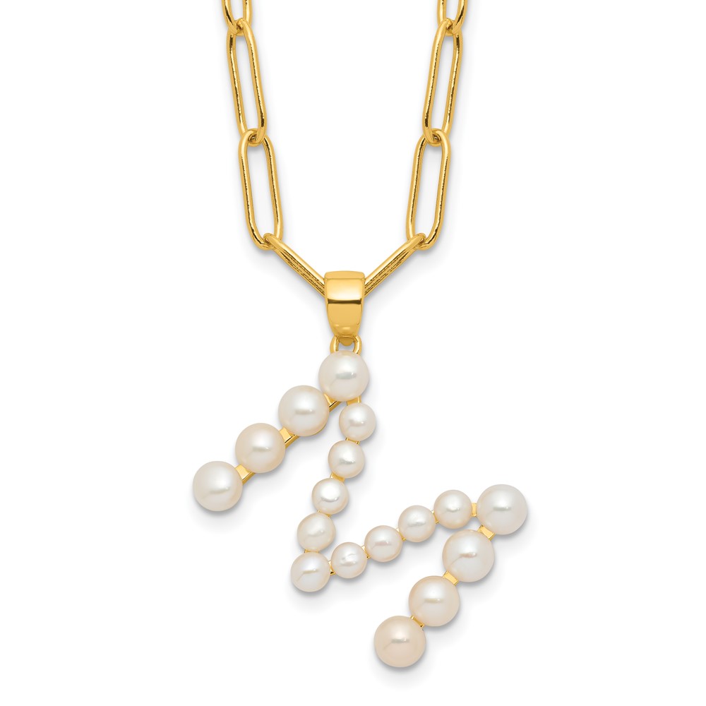 Sterling Silver Gold-plated 3-5.5mm White Button Freshwater Cultured Pearl LETTER M 18 inch Necklace (QH5808GPM-18)