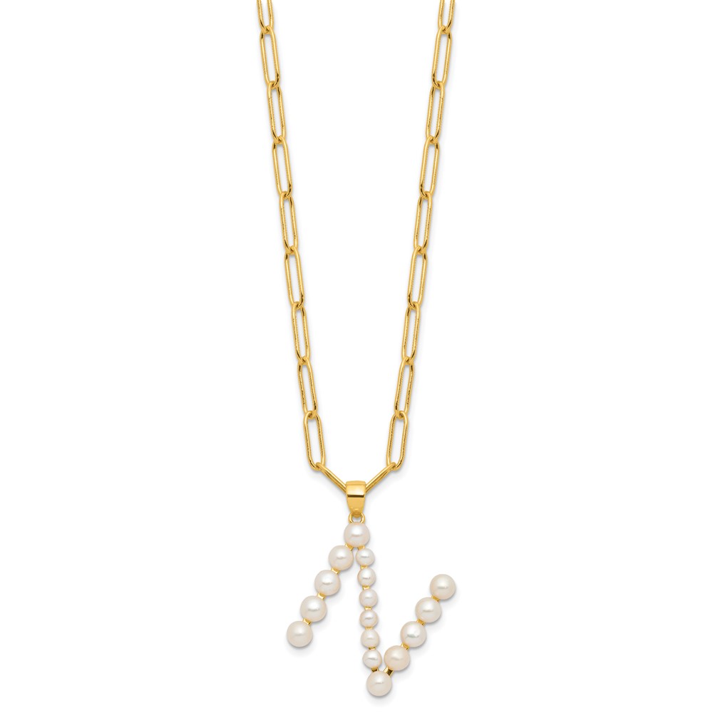 Sterling Silver Gold-plated 3-5.5mm White Button Freshwater Cultured Pearl LETTER N 18 inch Necklace (QH5808GPN-18)