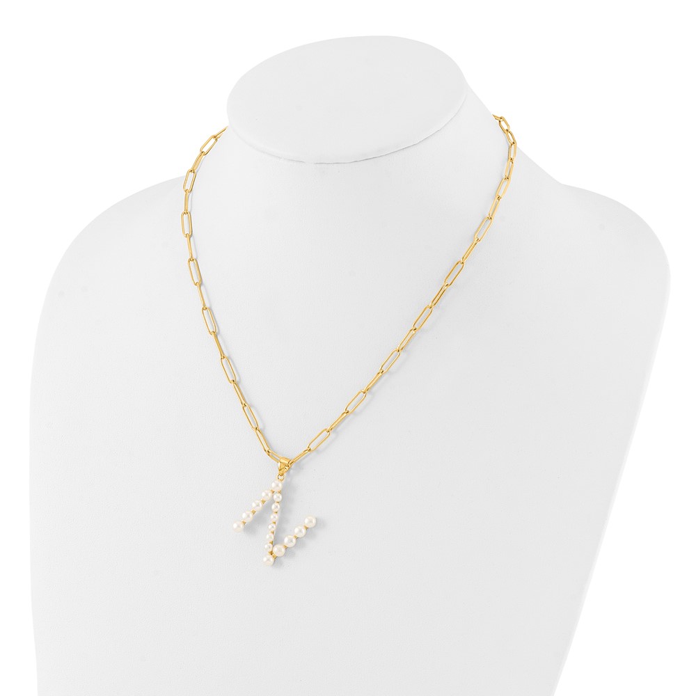 Sterling Silver Gold-plated 3-5.5mm White Button Freshwater Cultured Pearl LETTER N 18 inch Necklace (QH5808GPN-18)