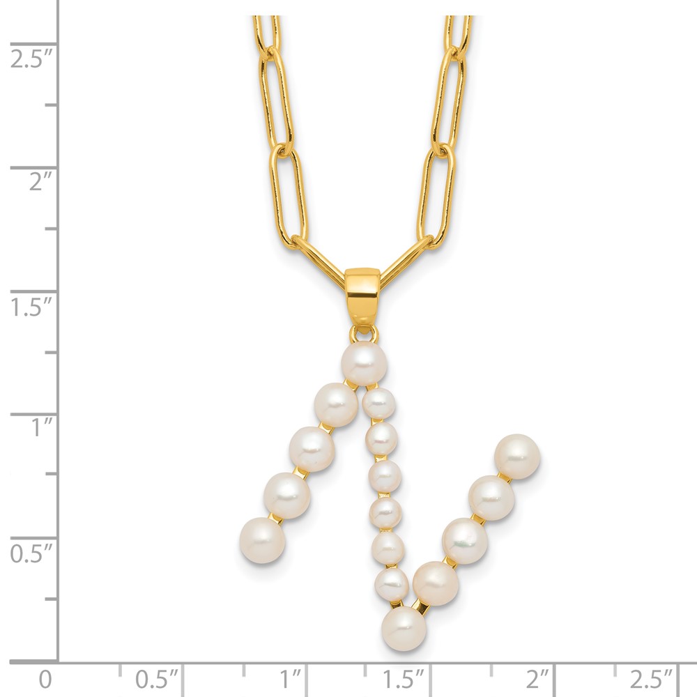 Sterling Silver Gold-plated 3-5.5mm White Button Freshwater Cultured Pearl LETTER N 18 inch Necklace (QH5808GPN-18)