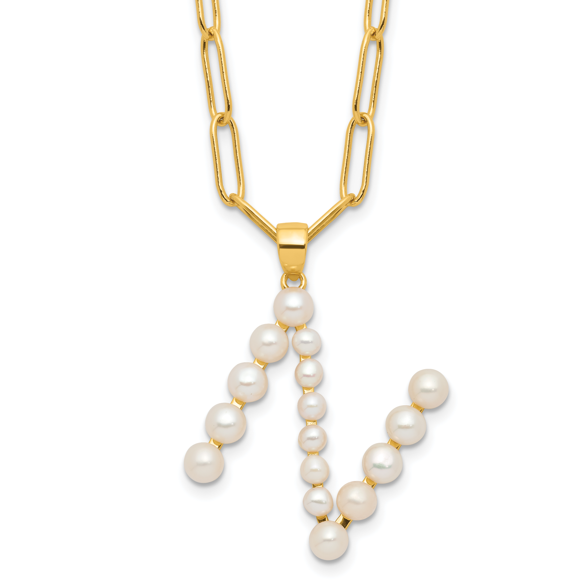 Sterling Silver Gold-plated 3-5.5mm White Button Freshwater Cultured Pearl LETTER N 18 inch Necklace (QH5808GPN-18)
