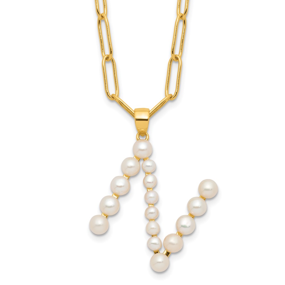 Sterling Silver Gold-plated 3-5.5mm White Button Freshwater Cultured Pearl LETTER N 18 inch Necklace (QH5808GPN-18)