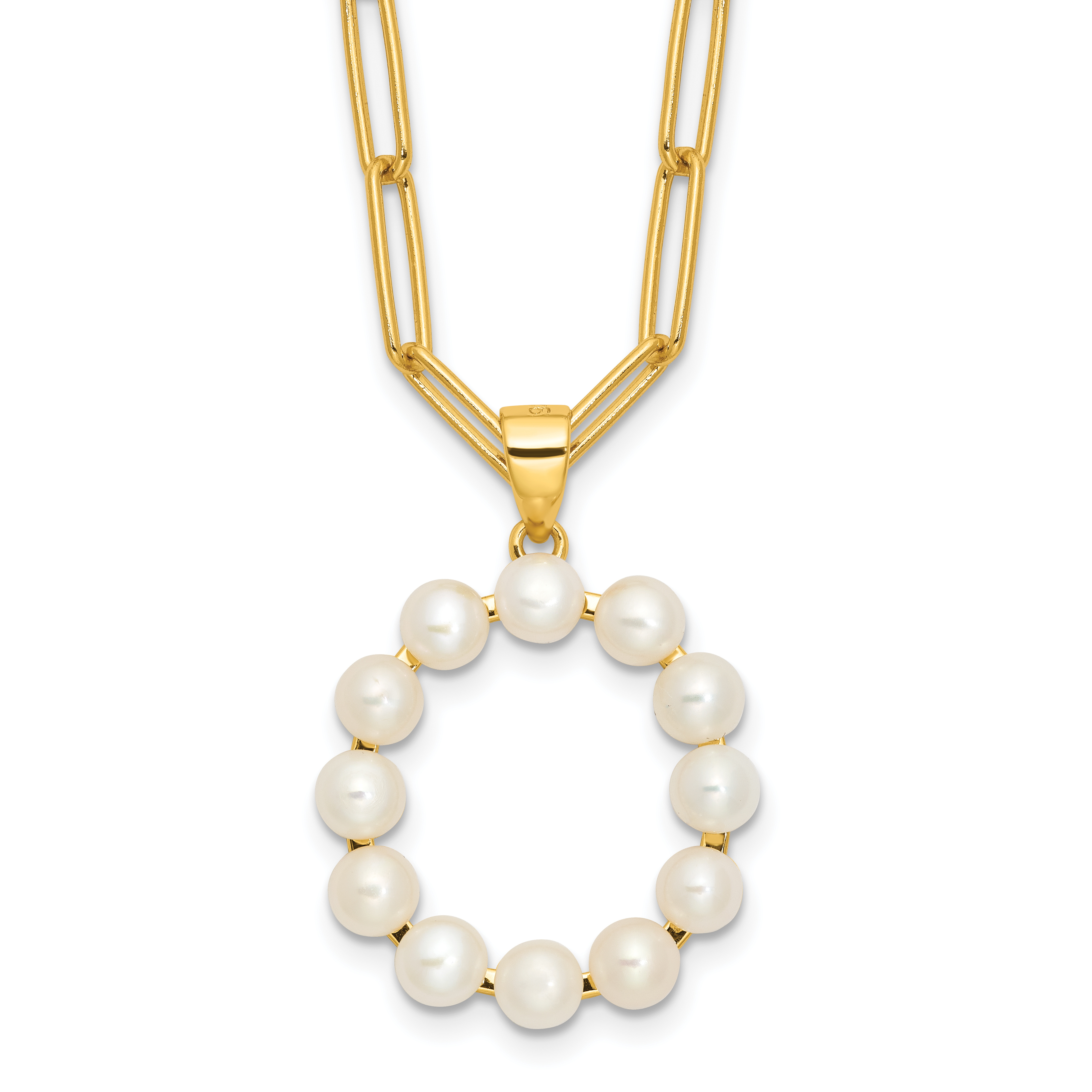 Sterling Silver Gold-plated 3-5.5mm White Button Freshwater Cultured Pearl LETTER O 18 inch Necklace (QH5808GPO-18)