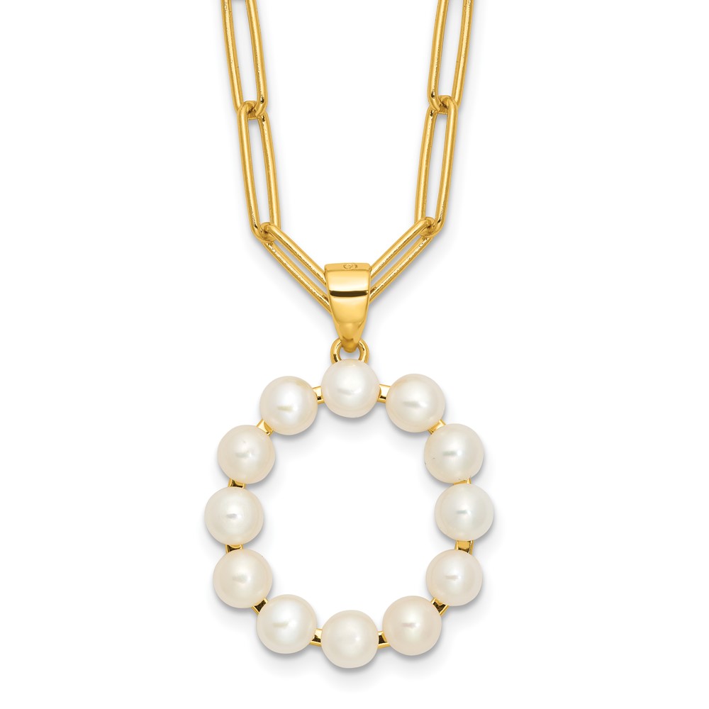 Sterling Silver Gold-plated 3-5.5mm White Button Freshwater Cultured Pearl LETTER O 18 inch Necklace (QH5808GPO-18)