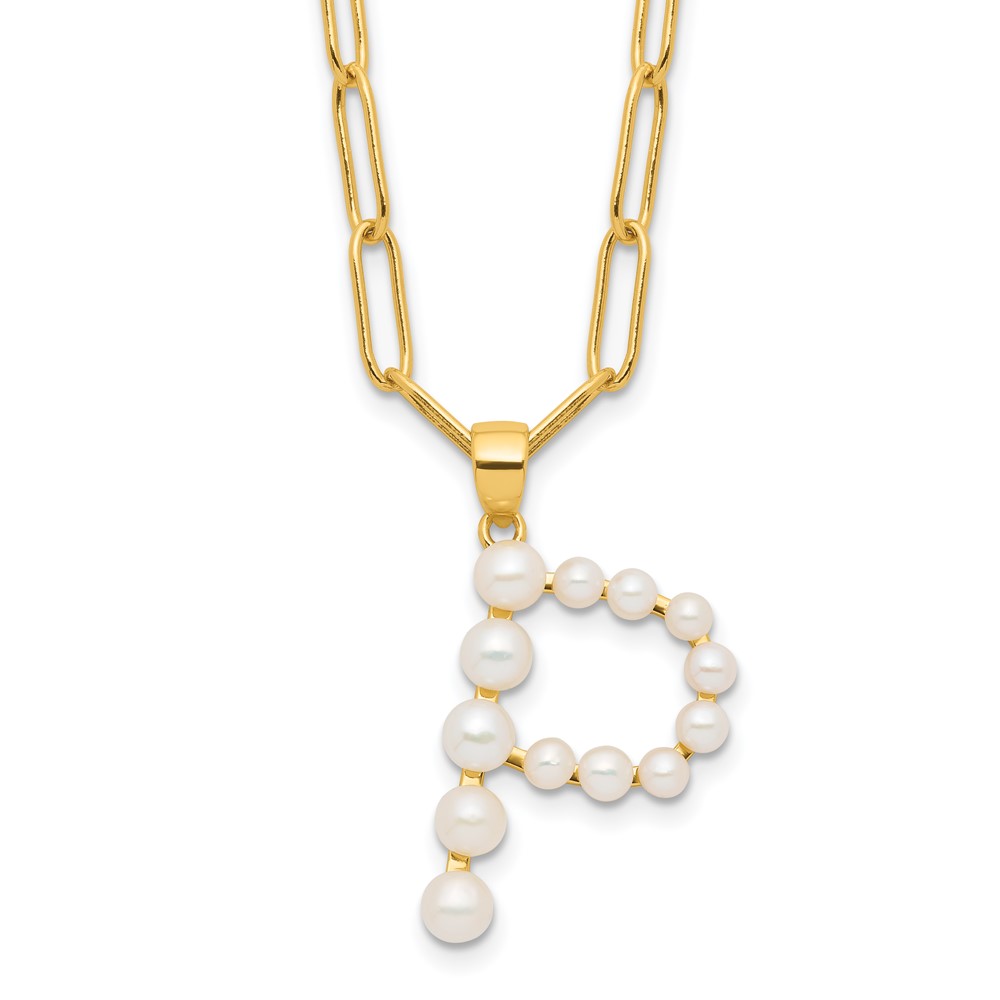 Sterling Silver Gold-plated 3-5.5mm White Button Freshwater Cultured Pearl LETTER P 18 inch Necklace (QH5808GPP-18)