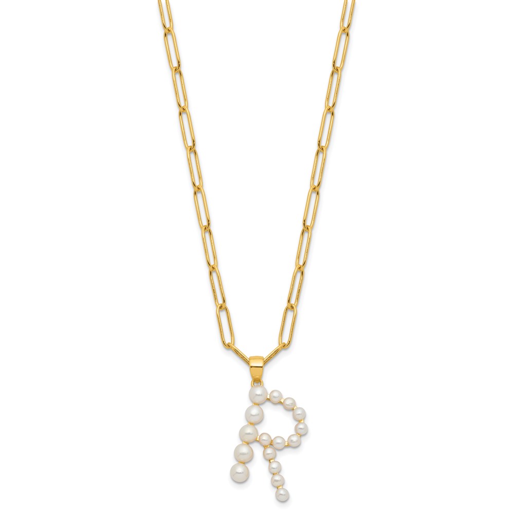 Sterling Silver Gold-plated 3-5.5mm White Button Freshwater Cultured Pearl LETTER R 18 inch Necklace (QH5808GPR-18)