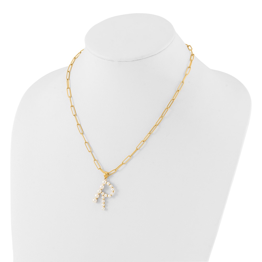 Sterling Silver Gold-plated 3-5.5mm White Button Freshwater Cultured Pearl LETTER R 18 inch Necklace (QH5808GPR-18)