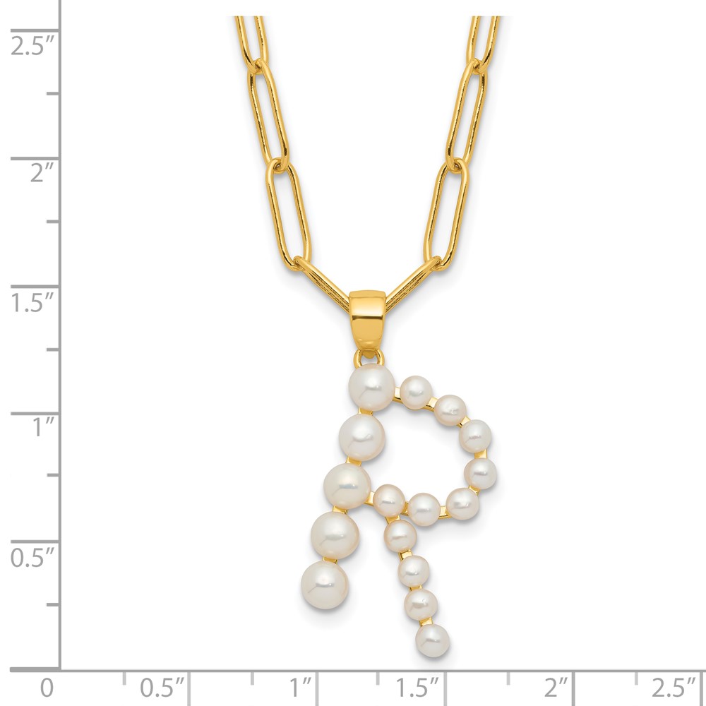Sterling Silver Gold-plated 3-5.5mm White Button Freshwater Cultured Pearl LETTER R 18 inch Necklace (QH5808GPR-18)