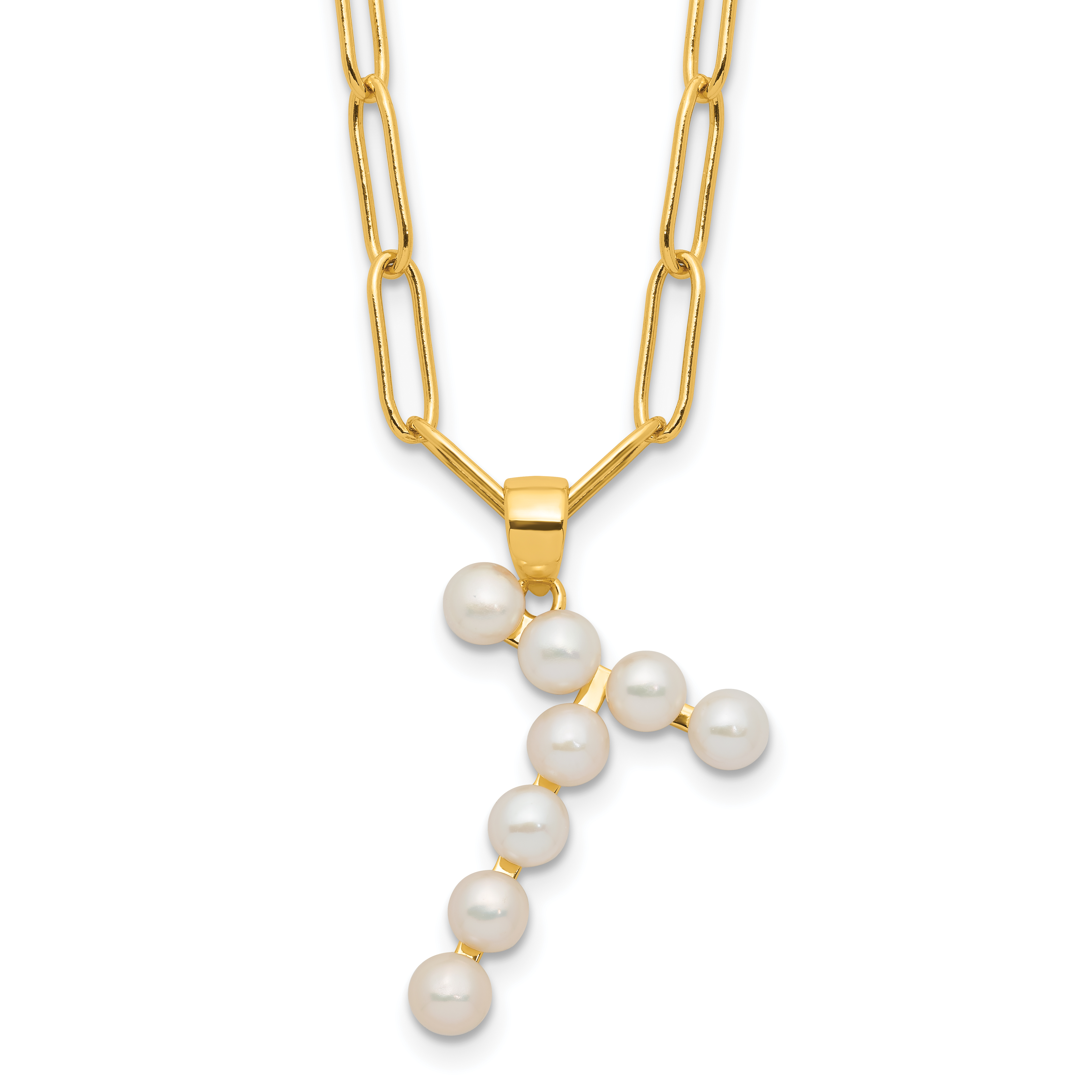 Sterling Silver Gold-plated 3-5.5mm White Button Freshwater Cultured Pearl LETTER T 18 inch Necklace (QH5808GPT-18)