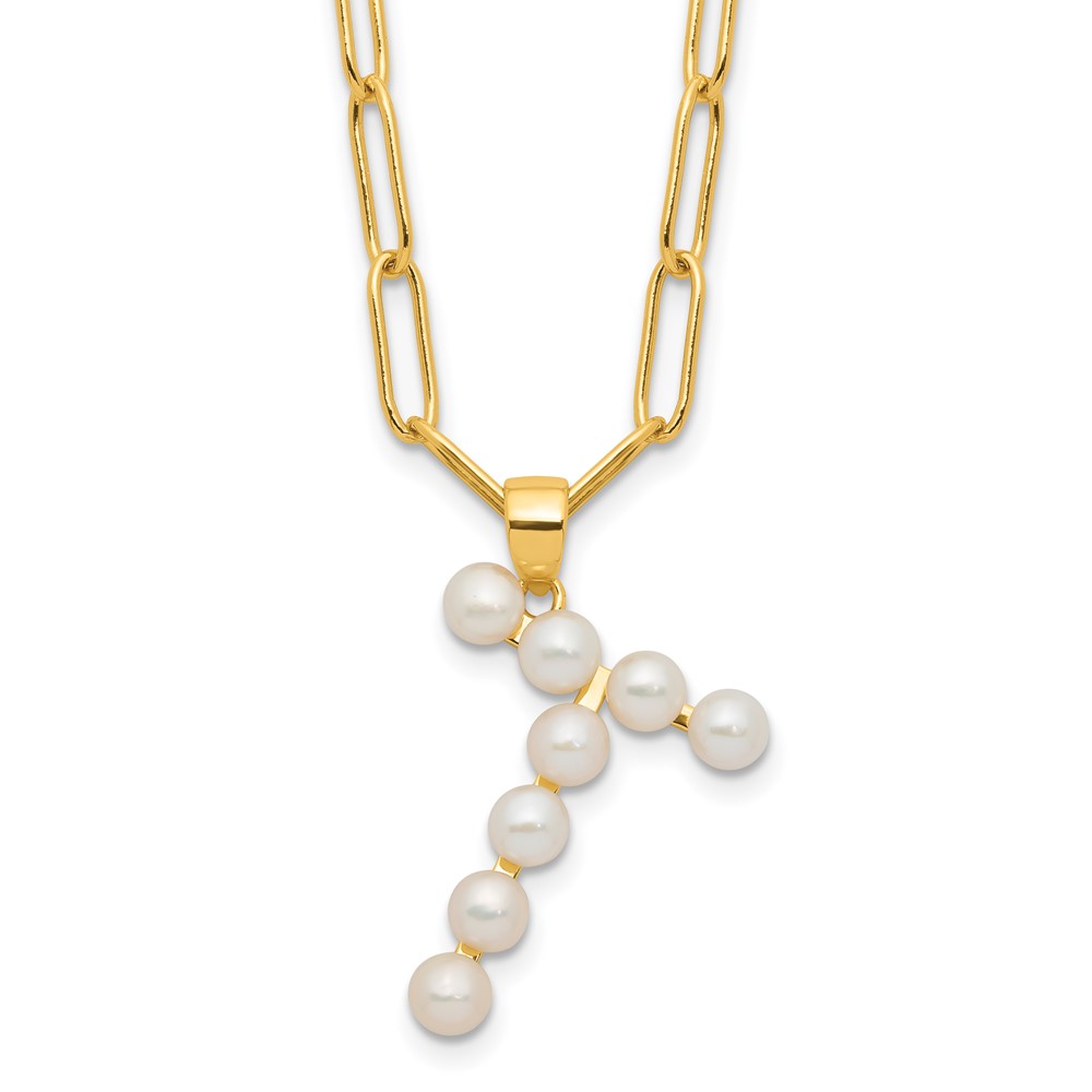 Sterling Silver Gold-plated 3-5.5mm White Button Freshwater Cultured Pearl LETTER T 18 inch Necklace (QH5808GPT-18)