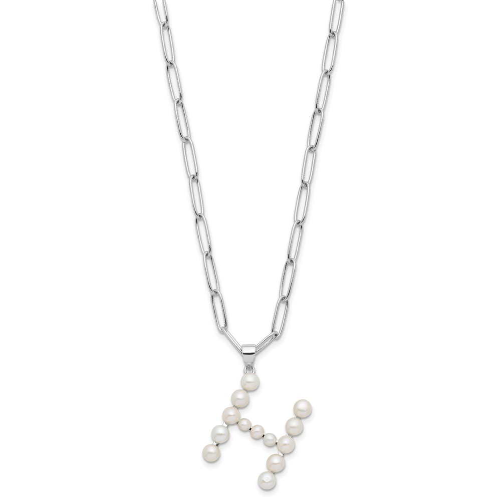 Sterling Silver Rhodium-plated 3-5.5mm White Button Freshwater Cultured Pearl LETTER H 18 inch Necklace (QH5808H-18)