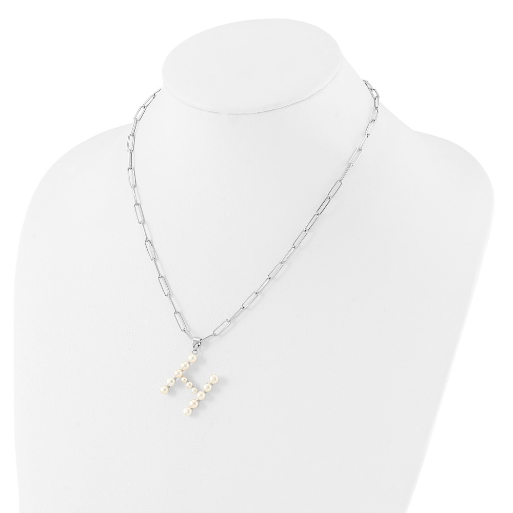 Sterling Silver Rhodium-plated 3-5.5mm White Button Freshwater Cultured Pearl LETTER H 18 inch Necklace (QH5808H-18)
