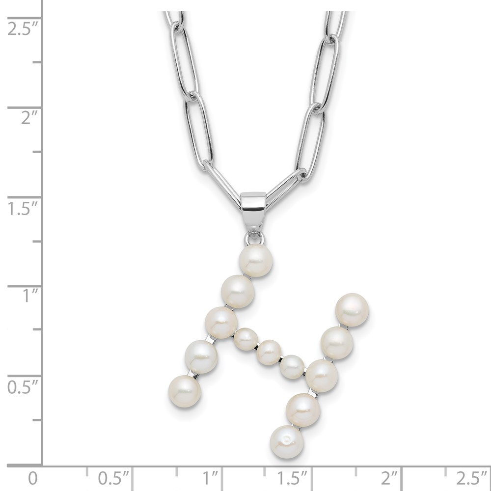 Sterling Silver Rhodium-plated 3-5.5mm White Button Freshwater Cultured Pearl LETTER H 18 inch Necklace (QH5808H-18)