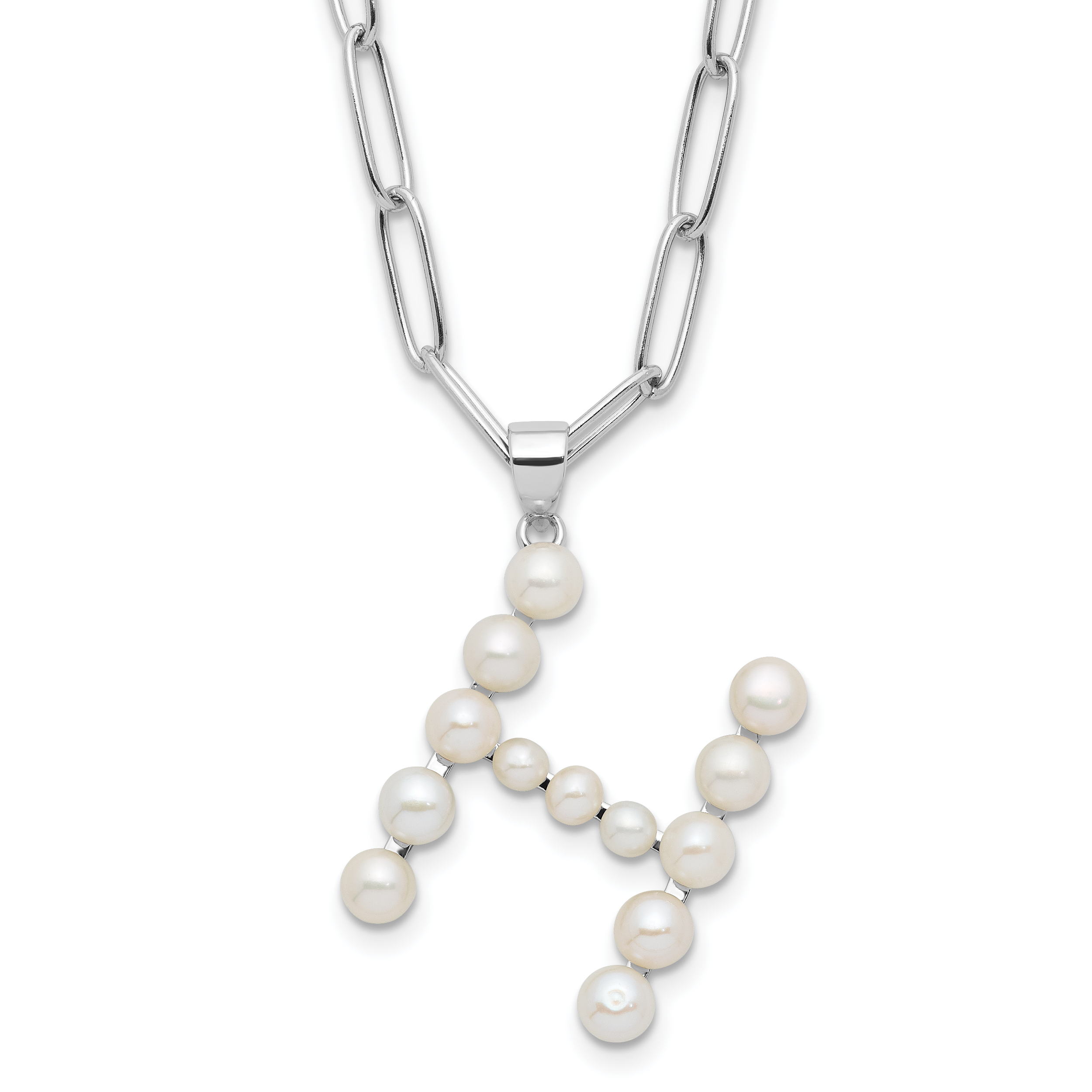 Sterling Silver Rhodium-plated 3-5.5mm White Button Freshwater Cultured Pearl LETTER H 18 inch Necklace (QH5808H-18)