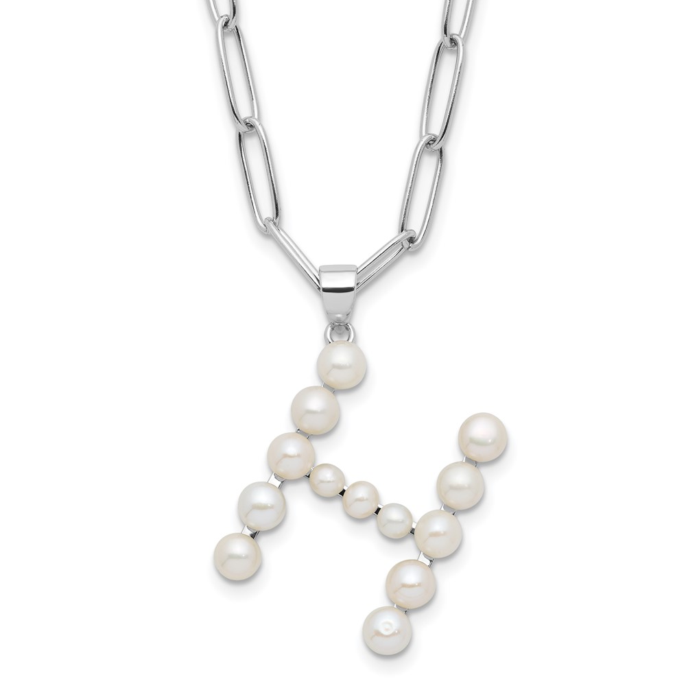 Sterling Silver Rhodium-plated 3-5.5mm White Button Freshwater Cultured Pearl LETTER H 18 inch Necklace (QH5808H-18)