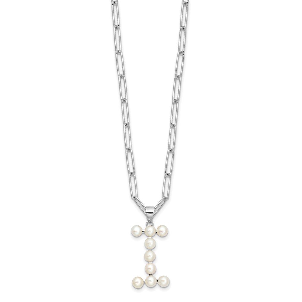 Sterling Silver Rhodium-plated 3-5.5mm White Button Freshwater Cultured Pearl LETTER I 18 inch Necklace (QH5808I-18)