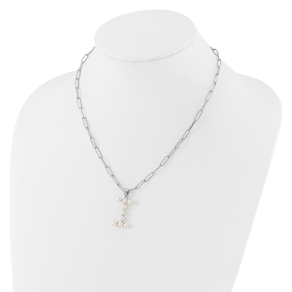 Sterling Silver Rhodium-plated 3-5.5mm White Button Freshwater Cultured Pearl LETTER I 18 inch Necklace (QH5808I-18)