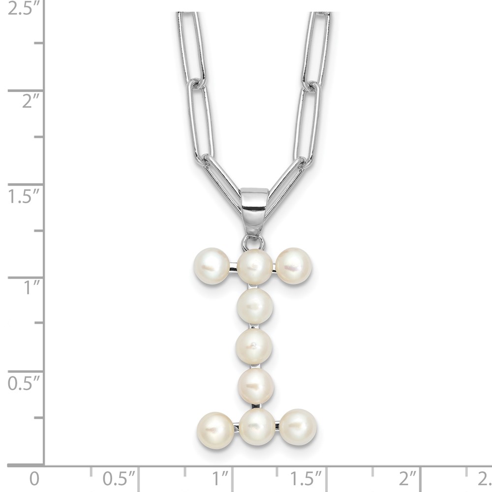 Sterling Silver Rhodium-plated 3-5.5mm White Button Freshwater Cultured Pearl LETTER I 18 inch Necklace (QH5808I-18)