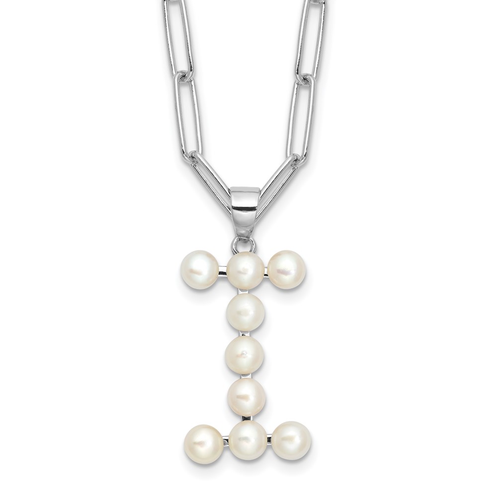 Sterling Silver Rhodium-plated 3-5.5mm White Button Freshwater Cultured Pearl LETTER I 18 inch Necklace (QH5808I-18)