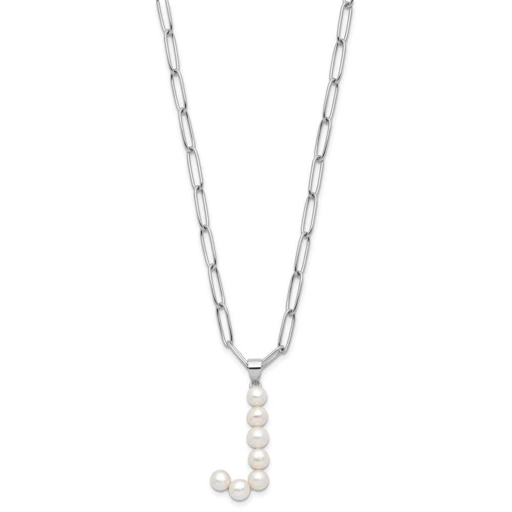 Sterling Silver Rhodium-plated 3-5.5mm White Button Freshwater Cultured Pearl LETTER J 18 inch Necklace (QH5808J-18)