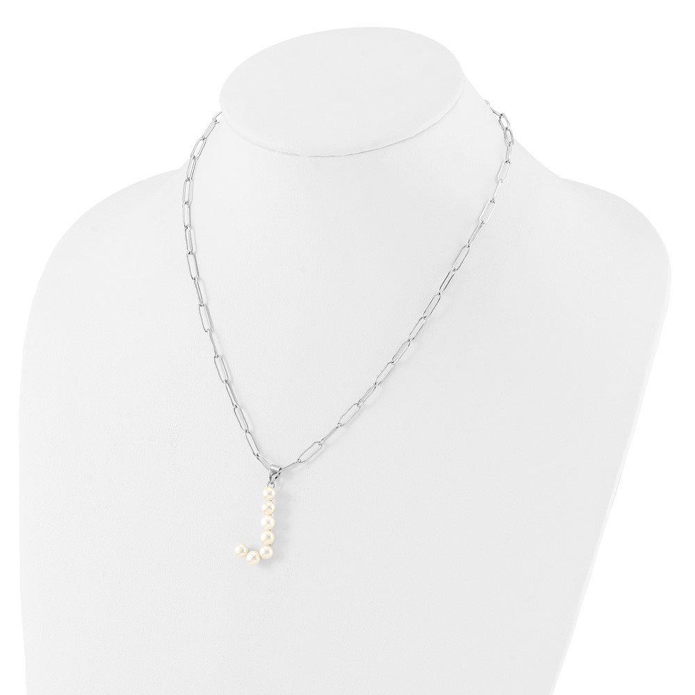 Sterling Silver Rhodium-plated 3-5.5mm White Button Freshwater Cultured Pearl LETTER J 18 inch Necklace (QH5808J-18)