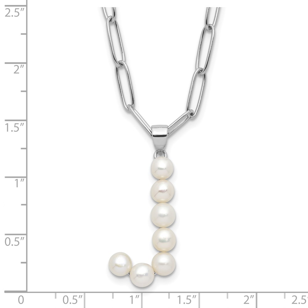Sterling Silver Rhodium-plated 3-5.5mm White Button Freshwater Cultured Pearl LETTER J 18 inch Necklace (QH5808J-18)