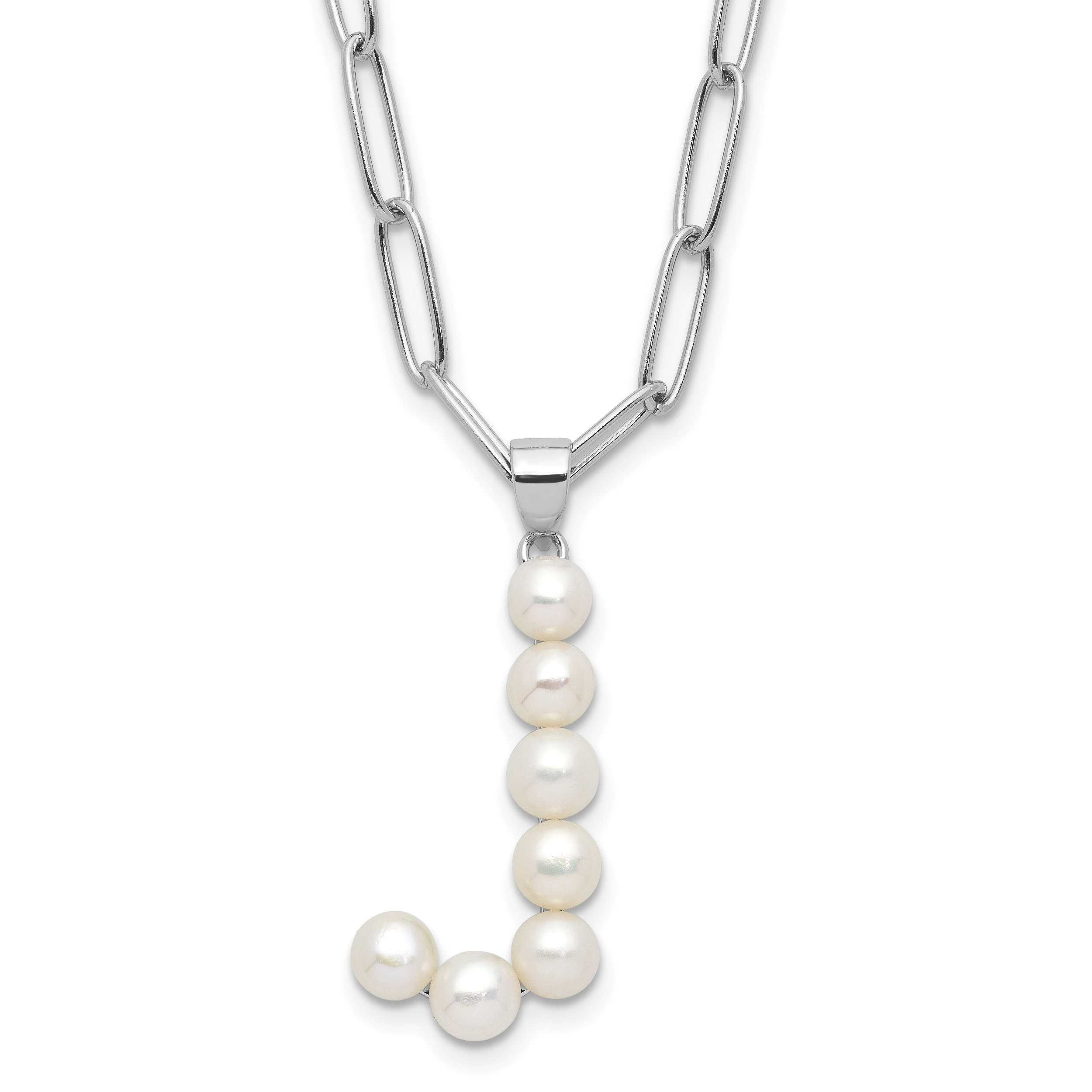 Sterling Silver Rhodium-plated 3-5.5mm White Button Freshwater Cultured Pearl LETTER J 18 inch Necklace (QH5808J-18)